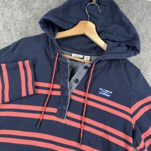 L.L.Bean Rugby Hoodie Pullover Womens Large Blue Striped Henley Jersey Cotton